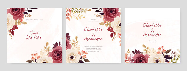 Fototapeta na wymiar Red and beige rose and peony floral wedding invitation card template set with flowers frame decoration