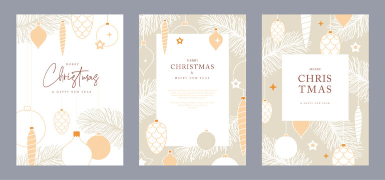 Set of Christmas holiday greeting cards or covers with christmas desoration. Vector illustration