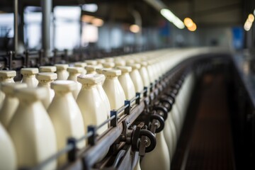 Filling milk or yogurt into plastic bottles at dairy factoryDairy plant equipment for packaging.