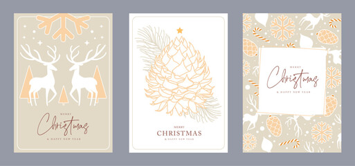 Naklejka premium Set of Christmas holiday greeting cards or covers with christmas desoration. Vector illustration