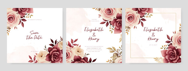 Red and beige rose and peony set of wedding invitation template with shapes and flower floral border © SyahCreation