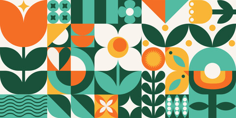 Floral abstract geometric seamless pattern for wrapping, pack paper, greeting cards, posters, banners and social media. Natural eco agriculture background with flowers, plants and simple forms. - obrazy, fototapety, plakaty