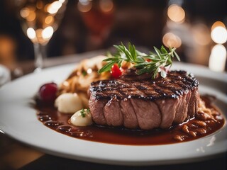 A delicious grilled steak with a sauce on a plate in a restaurant.

 - obrazy, fototapety, plakaty