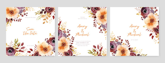 Red and beige rose and peony vector wedding invitation card set template with flowers and leaves watercolor