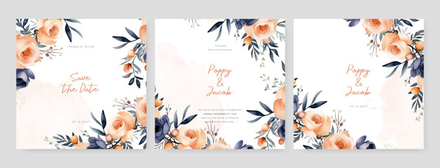 Blue and orange rose wedding invitation card template with flower and floral watercolor texture vector