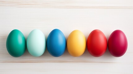 Colorful Easter eggs creating a lively composition on a white wooden board background, perfect for a poster, background, or holiday card, presented in a high definition studio photo