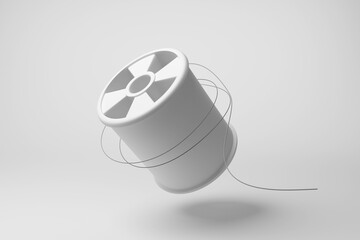 White cotton reel and a thread floating in mid air on white background. Illustration of the concept of stitching, embroidery and textile industry - obrazy, fototapety, plakaty