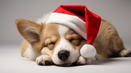  Adorable Corgi Puppy Sleeping Wearing a Santa Hat