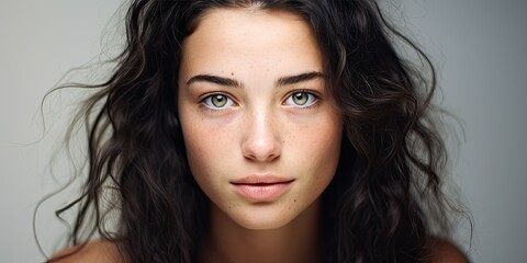 A young woman's captivating portrait features attractive curly hair and a pretty, serious expression in a studio setting.