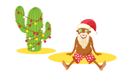 African Santa Claus sits on the beach. Cactus decorated like a Christmas tree. Flat vector illustration.