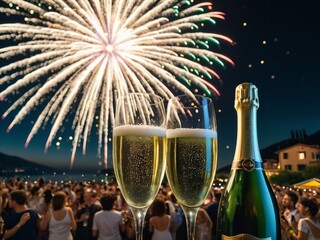 A Toast to the Night Prosecco Sparkles at an Italian Fireworks Display. AI Generated.