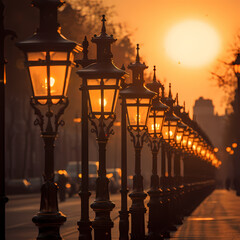 Fototapeta na wymiar A row of antique street lamps casting warm light