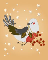 Christmas bullfinch holding a rowan tree on vector graphics. Decorative banner with a bird for the new year. Vector graphics. Christmas Illustration EPS 10