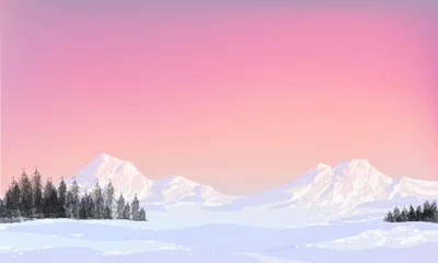 Fotobehang Fluor Roze Winter snowfall on light blue gardient landscape illustration. Trees, house cold winter Christmas and New Year background.  © Suryadi