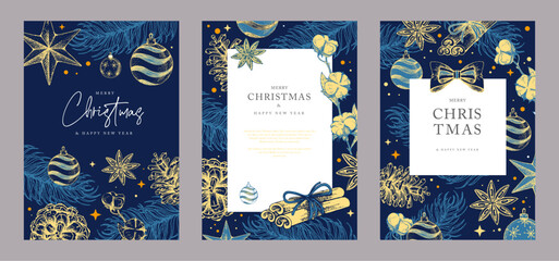 Set of Christmas holiday greeting cards or covers with christmas desoration. Vector illustration