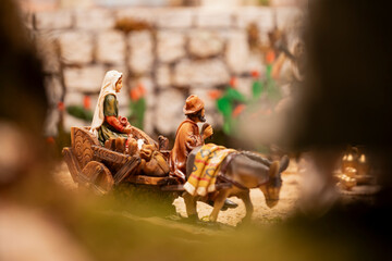 Figurine of a woman and a man on a carriage nativity scene figures, in a nativity scene, in Borja,...