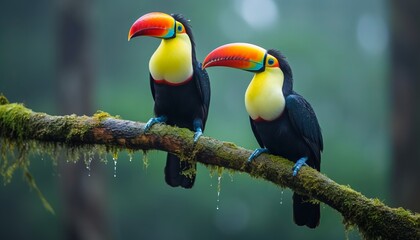 Toucan birds perched on forest branch with green vegetation, blurred defocused background