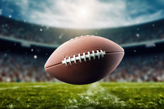Football in Flight Over Field: Striking image capturing an American football in mid-flight, dominating the football field