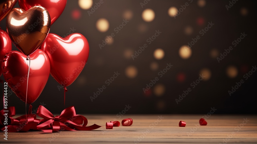 Poster golden and dark red metallic balloons on blurred backgroundfestive card for events with text space.