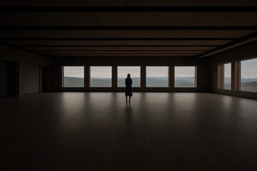 Empty Echoes: In an unadorned room, a woman stands alone, surrounded by emptiness that reverberates with silence, amplifying the solitude within