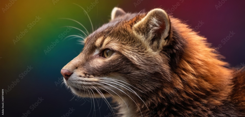 Poster a close up of a cat's face with a multicolored background and a blurry image of the cat's head.