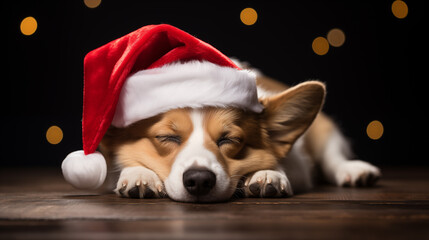 Cute sleeping corgi wearing a Christmas Santa Hat against a dark background with bokeh 