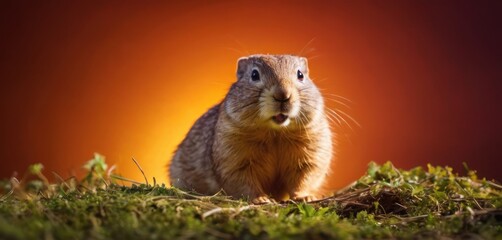  a close up of a small rodent on a field of grass with an orange back ground in the background.