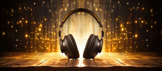 Poster Musical headset audio stereo dj background headphone listen technology sound background digital equipment © VICHIZH