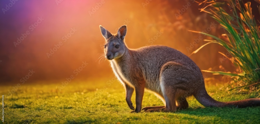 Poster a close up of a kangaroo in a field of grass with the sun shining through the trees in the backgroun
