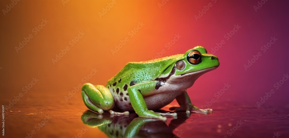 Poster a green frog sitting on top of a table next to a red and yellow background with a reflection of it's
