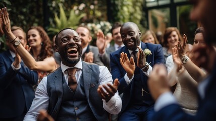 The group of guests clapped and cheered as the newlyweds left the venue. - obrazy, fototapety, plakaty