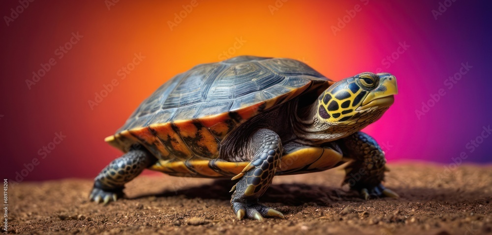 Poster a close up of a tortoise on a dirt ground with a multicolored background in the background.