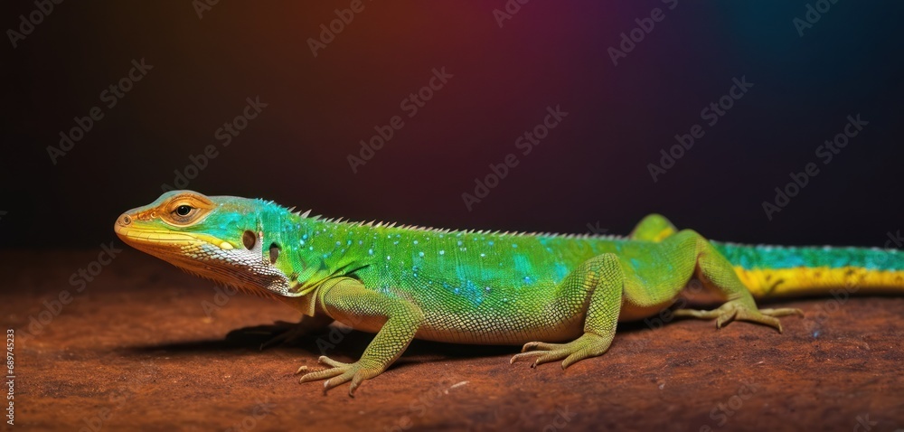 Aufkleber a close up of a green and yellow lizard on a brown surface with a multicolored light in the backgrou