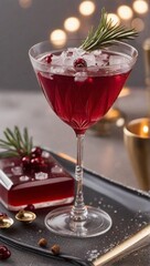 a red cocktail with ice and rosemary sprigs