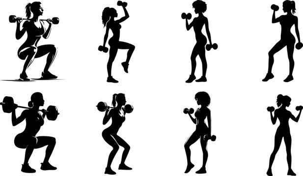 Women Squat Exercises With Dumbbell And Barbell Silhouette
