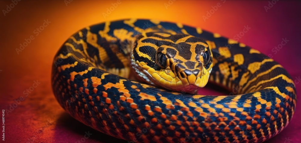 Poster a close up of a snake with it's mouth open on a red and yellow surface with a black background.