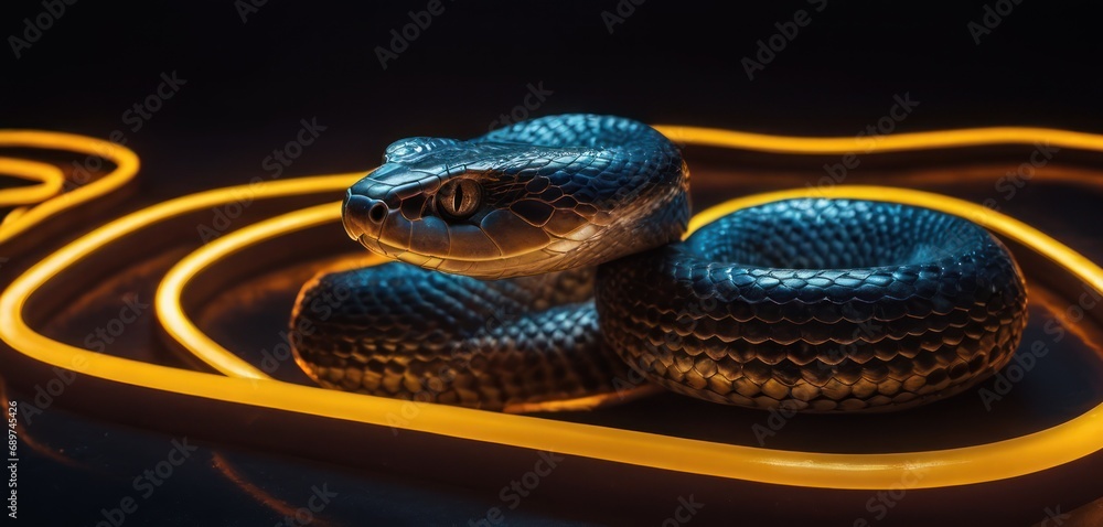 Poster a close up of a snake laying on a yellow object with a black background and a yellow cord around it.