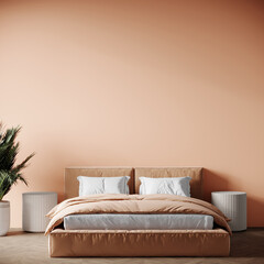 Bedroom in pastel tone peach fuzz color trend 2024 year panton furniture and background. Modern luxury room interior home design. Empty painting wall for art or wallpaper, pictures, art. 3d render 