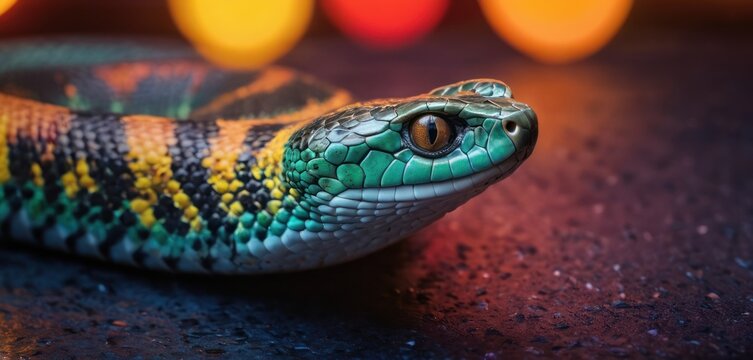  a close up of a green and yellow snake on a black surface with a blurry light in the background.