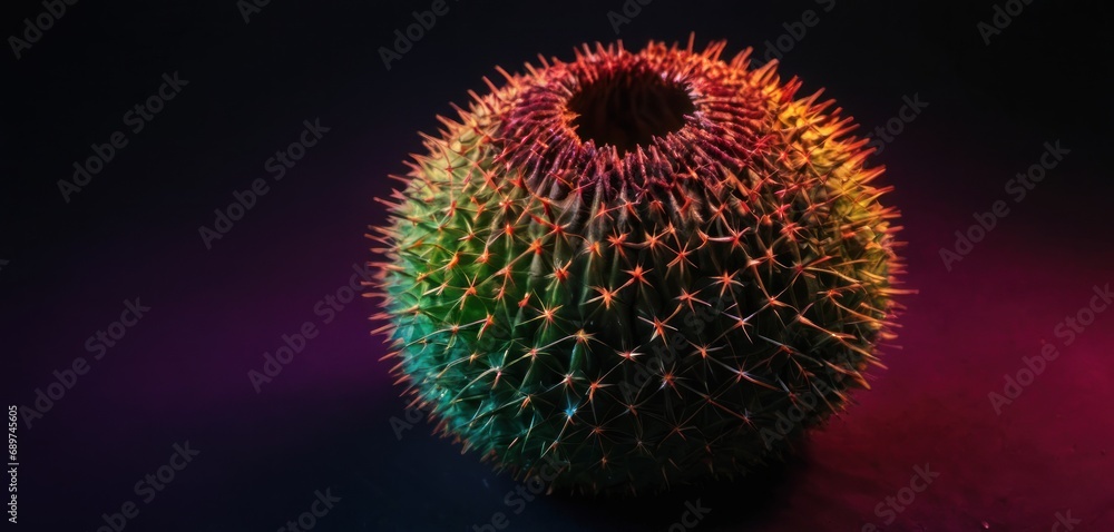 Poster a cactus that is sitting on a table with a colorful light in the middle of the picture and a black b