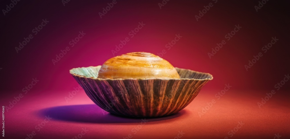 Aufkleber a close up of a muffin in a muffin wrapper on a red surface with a pink background.