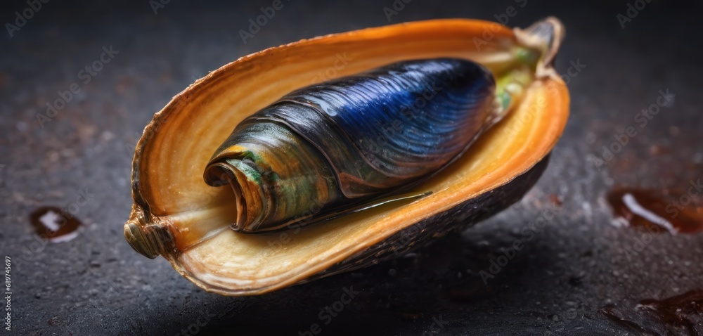 Poster a close up of a sea shell on a black surface with drops of water on the bottom of the shell.