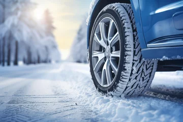 Poster Transportation ice car snow wheel winter tire cold background slippery vehicle road © VICHIZH