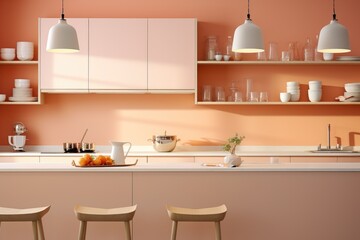 Contemporary Kitchen in Peach Fuzz Brilliance, modern kitchen with the brilliance of the color resembling peach fuzz. Emphasize sleek surfaces and kitchenware in this inviting hue