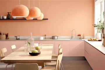Zelfklevend Fotobehang Pantone 2024 Peach Fuzz Contemporary Kitchen in Peach Fuzz Brilliance, modern kitchen with the brilliance of the color resembling peach fuzz. Emphasize sleek surfaces and kitchenware in this inviting hue