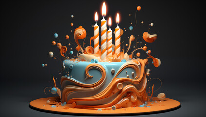 A birthday cake with icing and candles, in the style of dark amber and sky-blue, octane render, energetic and bold, dripping paint, dark brown and beige, bold lines, bright colors, flickr