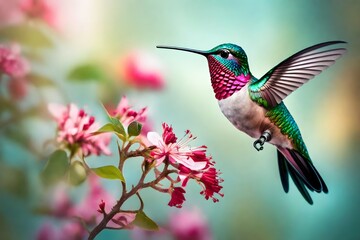 bird feeding on the pink flower abstract background 