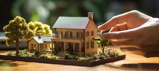 3d house model on hands, illustrating insurance or bank loan concept with ample copy space - obrazy, fototapety, plakaty
