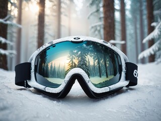 Enchanting Winter Forest through Ski Goggles. AI Generated.