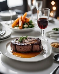 perfectly grilled steak on white plate  at luxury restaurant, bright background

